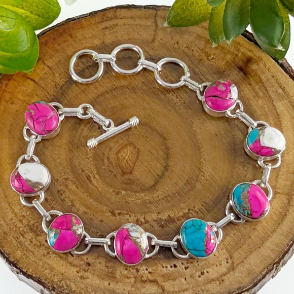 Southwest Jewelry - Genuine Cotton Candy Dahlia Turquoise Gemstone Bracelet Pink Blue Oval New 925